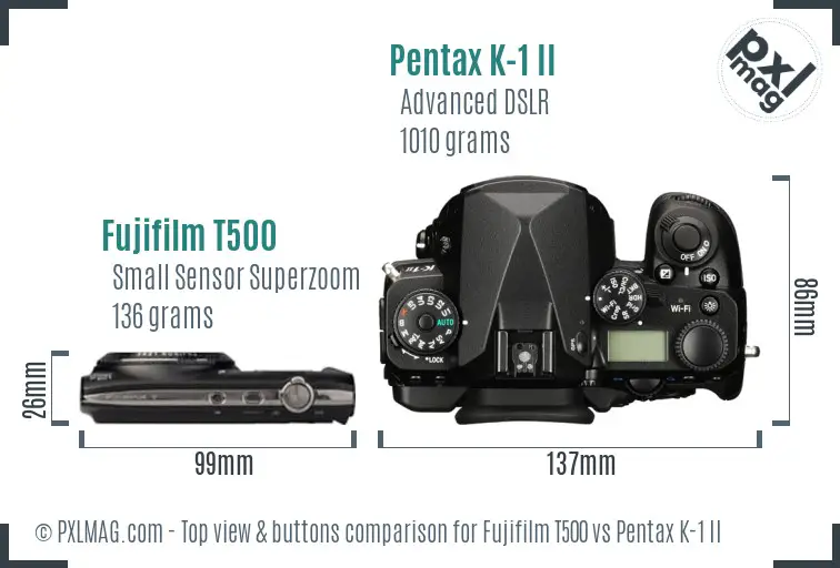 Fujifilm T500 vs Pentax K-1 II top view buttons comparison