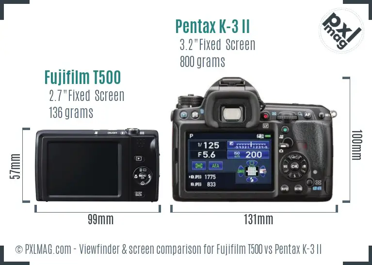 Fujifilm T500 vs Pentax K-3 II Screen and Viewfinder comparison