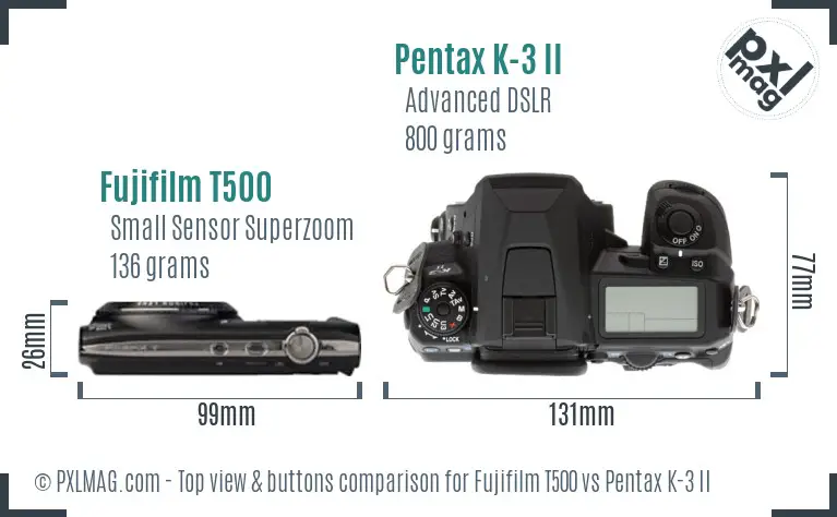 Fujifilm T500 vs Pentax K-3 II top view buttons comparison