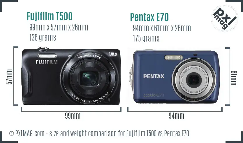 Fujifilm T500 vs Pentax E70 size comparison