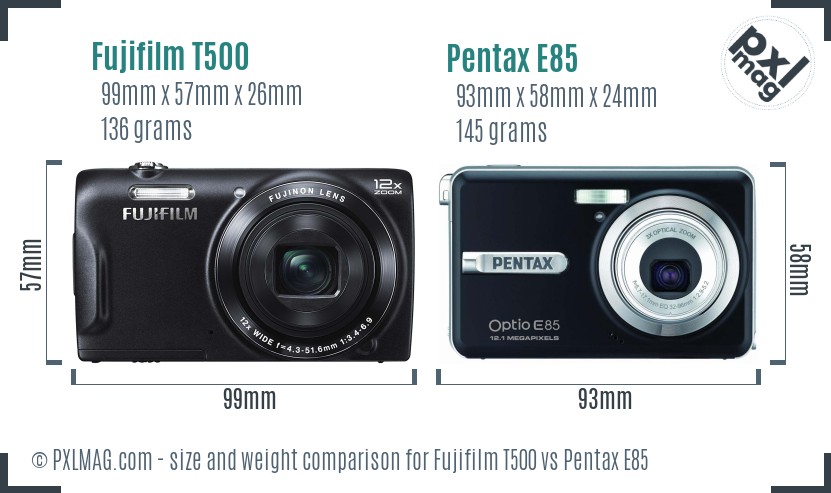 Fujifilm T500 vs Pentax E85 size comparison