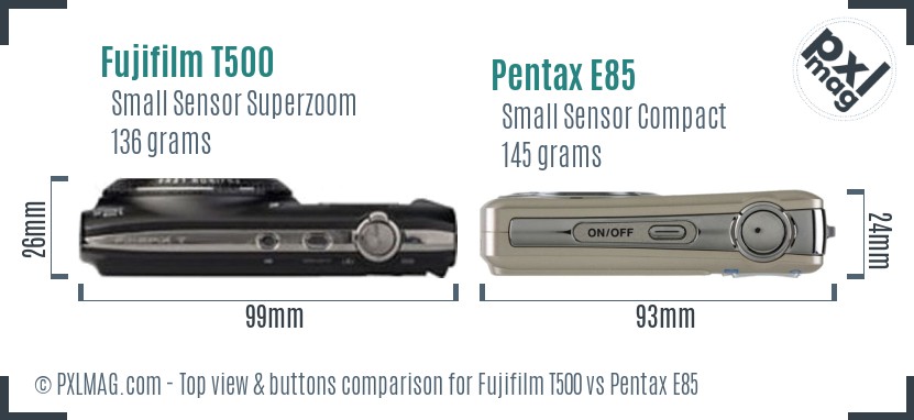 Fujifilm T500 vs Pentax E85 top view buttons comparison