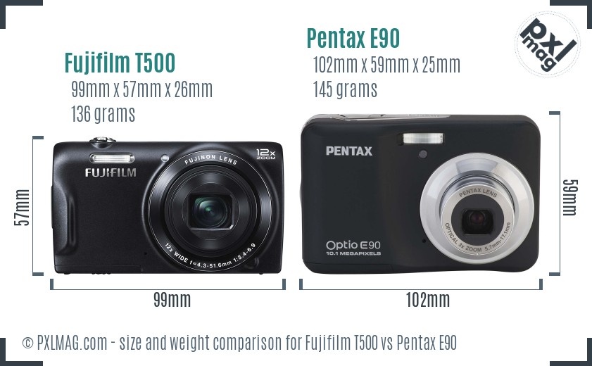 Fujifilm T500 vs Pentax E90 size comparison