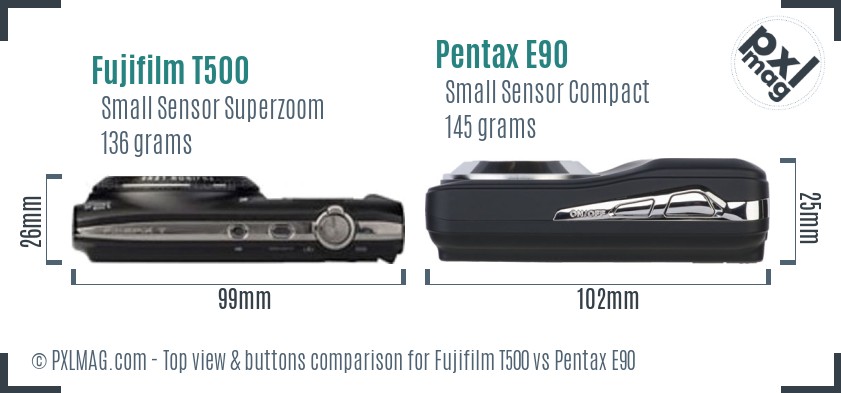 Fujifilm T500 vs Pentax E90 top view buttons comparison