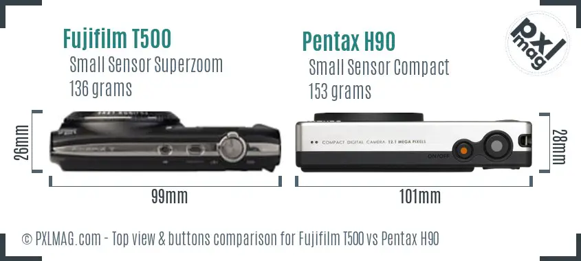 Fujifilm T500 vs Pentax H90 top view buttons comparison