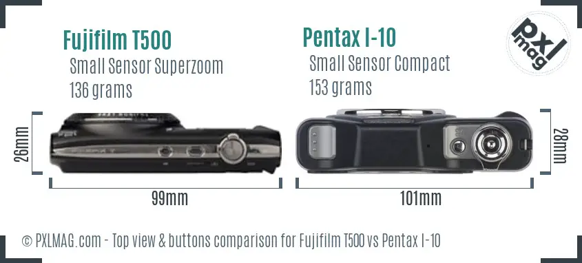 Fujifilm T500 vs Pentax I-10 top view buttons comparison Fujifilm T500 vs Pentax I-10 top view buttons comparison