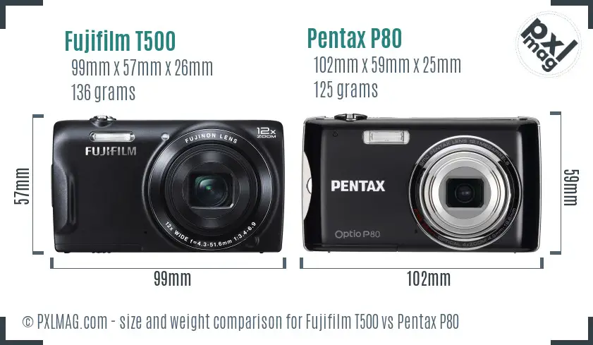 Fujifilm T500 vs Pentax P80 size comparison