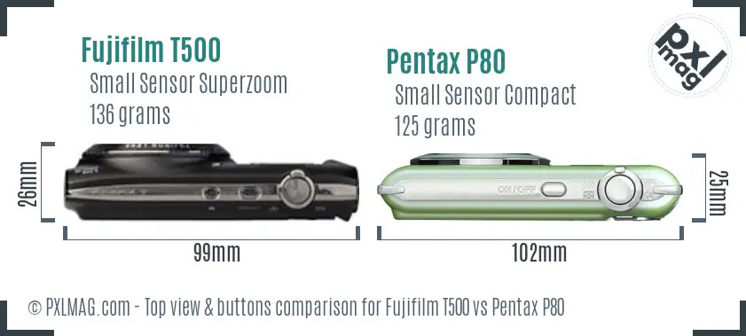 Fujifilm T500 vs Pentax P80 top view buttons comparison