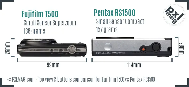 Fujifilm T500 vs Pentax RS1500 top view buttons comparison Fujifilm T500 vs Pentax RS1500 top view buttons comparison
