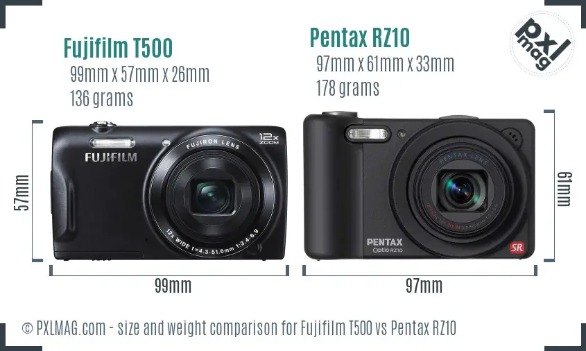 Fujifilm T500 vs Pentax RZ10 size comparison
