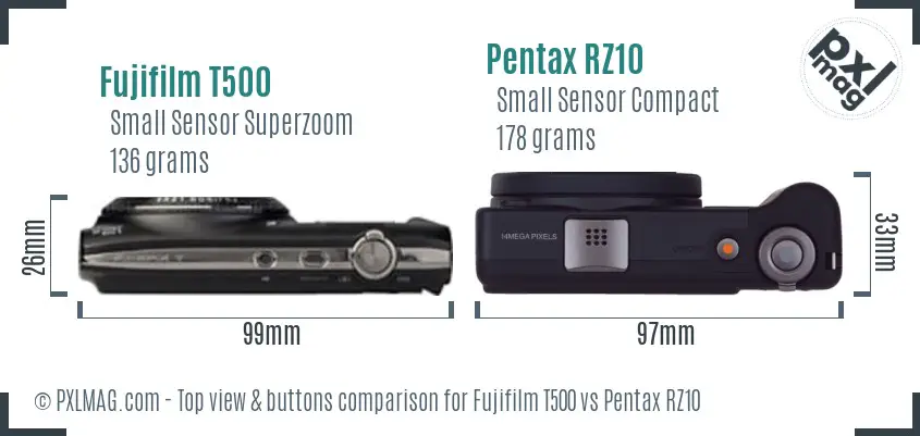 Fujifilm T500 vs Pentax RZ10 top view buttons comparison