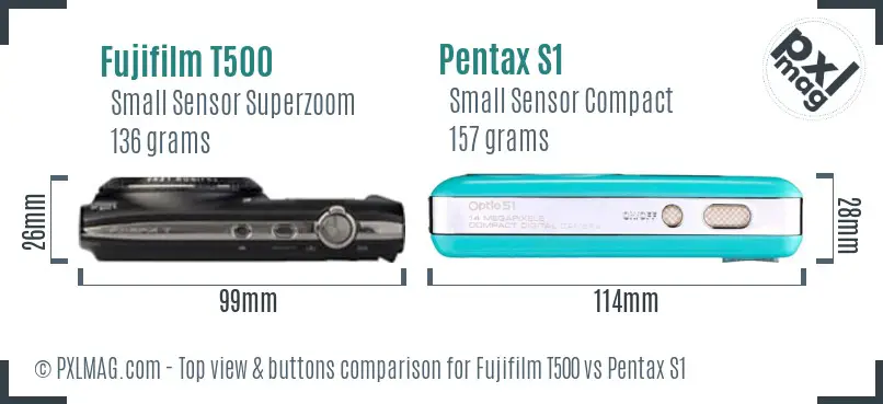 Fujifilm T500 vs Pentax S1 top view buttons comparison Fujifilm T500 vs Pentax S1 top view buttons comparison