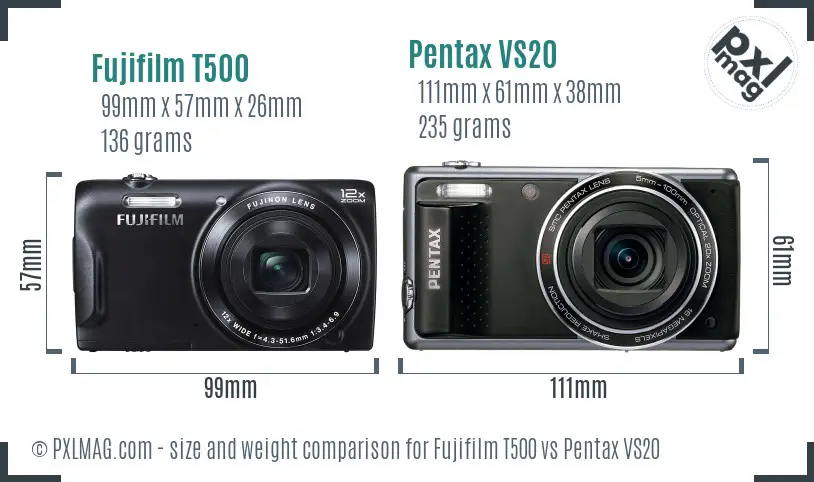 Fujifilm T500 vs Pentax VS20 size comparison