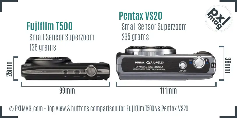 Fujifilm T500 vs Pentax VS20 top view buttons comparison