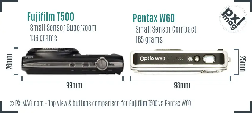 Fujifilm T500 vs Pentax W60 top view buttons comparison Fujifilm T500 vs Pentax W60 top view buttons comparison