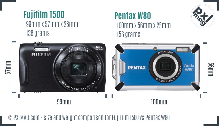 Fujifilm T500 vs Pentax W80 size comparison