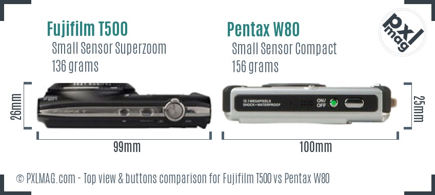 Fujifilm T500 vs Pentax W80 top view buttons comparison