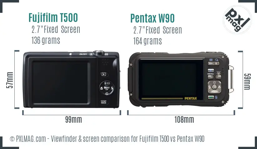 Fujifilm T500 vs Pentax W90 Screen and Viewfinder comparison