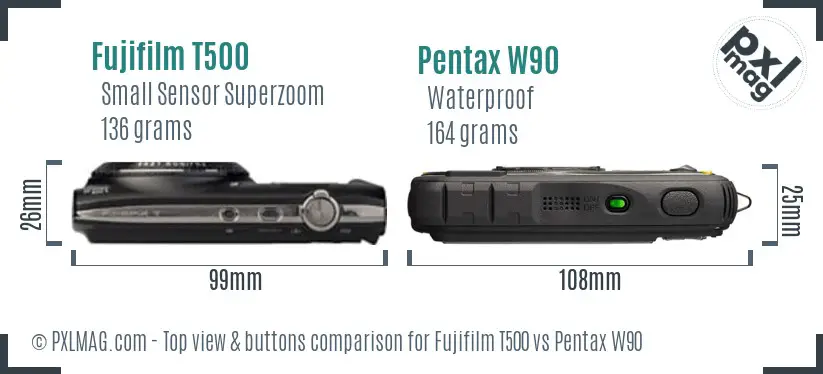 Fujifilm T500 vs Pentax W90 top view buttons comparison