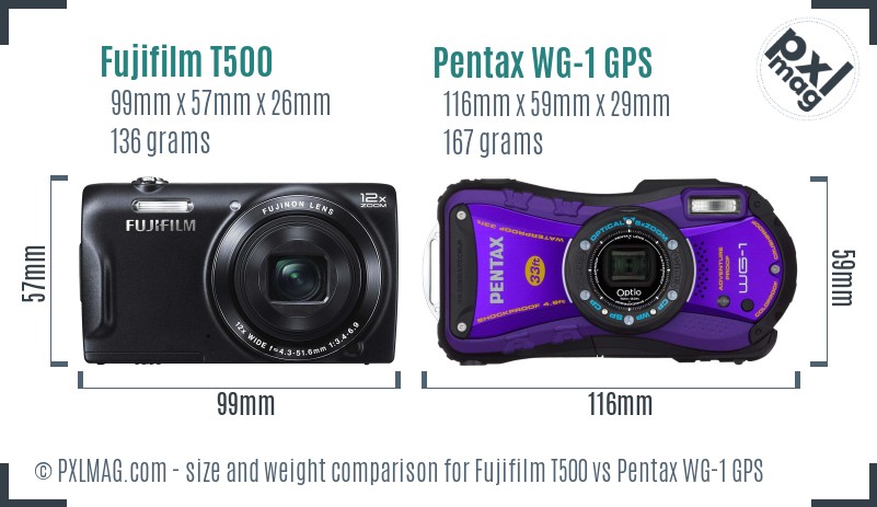 Fujifilm T500 vs Pentax WG-1 GPS size comparison