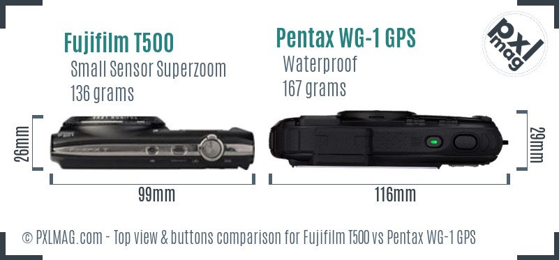 Fujifilm T500 vs Pentax WG-1 GPS top view buttons comparison