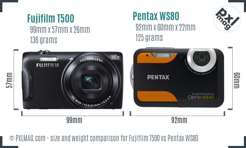 Fujifilm T500 vs Pentax WS80 size comparison