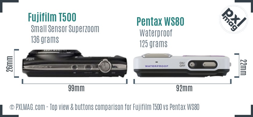 Fujifilm T500 vs Pentax WS80 top view buttons comparison