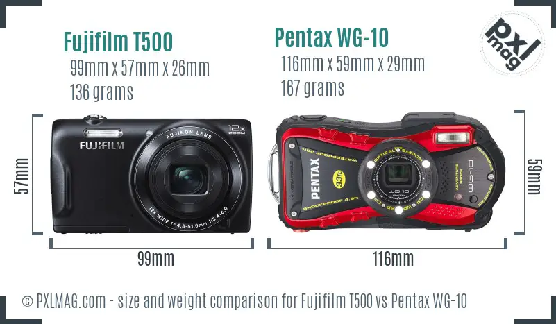Fujifilm T500 vs Pentax WG-10 size comparison