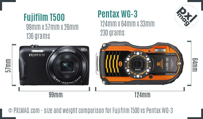 Fujifilm T500 vs Pentax WG-3 size comparison