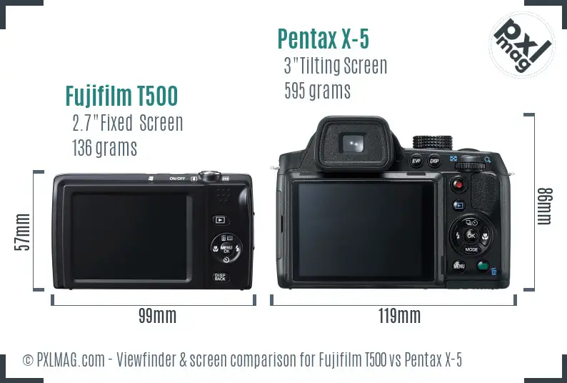 Fujifilm T500 vs Pentax X-5 Screen and Viewfinder comparison