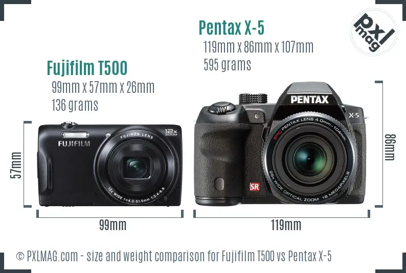 Fujifilm T500 vs Pentax X-5 size comparison