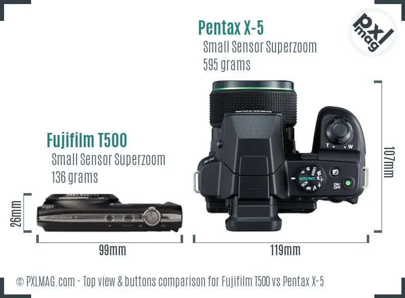 Fujifilm T500 vs Pentax X-5 top view buttons comparison