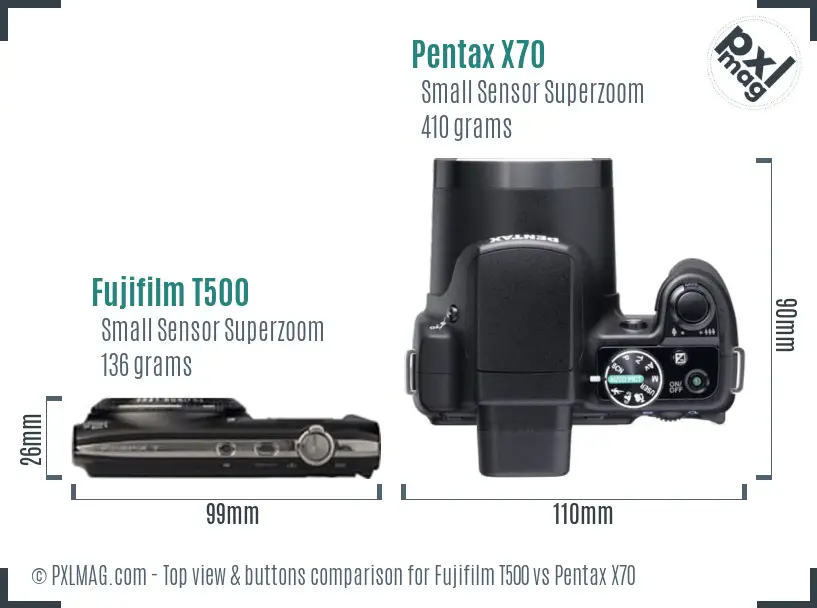 Fujifilm T500 vs Pentax X70 top view buttons comparison