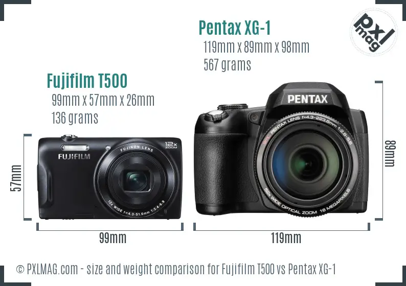 Fujifilm T500 vs Pentax XG-1 size comparison