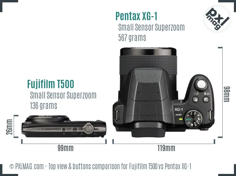 Fujifilm T500 vs Pentax XG-1 top view buttons comparison