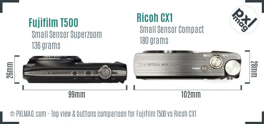 Fujifilm T500 vs Ricoh CX1 top view buttons comparison