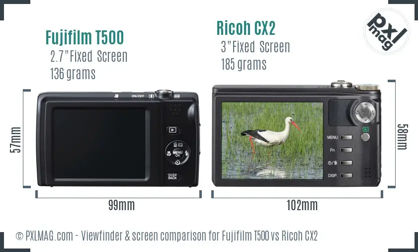 Fujifilm T500 vs Ricoh CX2 Screen and Viewfinder comparison