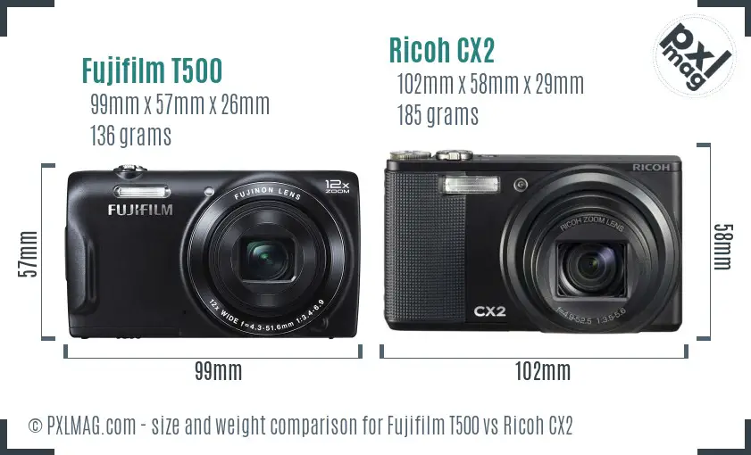 Fujifilm T500 vs Ricoh CX2 size comparison