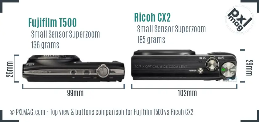 Fujifilm T500 vs Ricoh CX2 top view buttons comparison