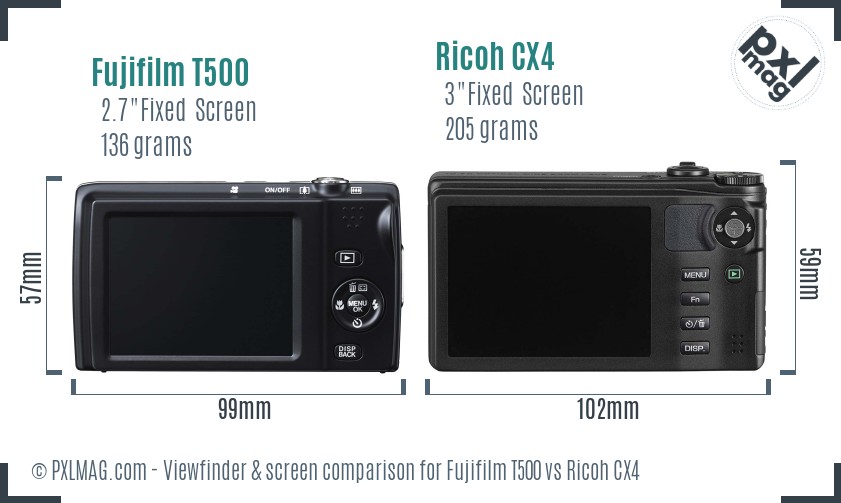 Fujifilm T500 vs Ricoh CX4 Screen and Viewfinder comparison