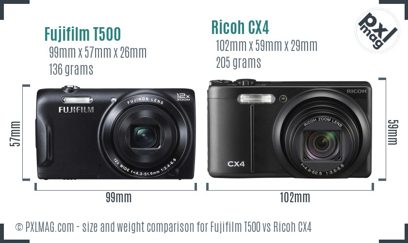 Fujifilm T500 vs Ricoh CX4 size comparison