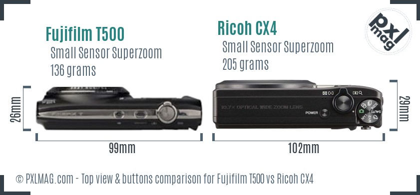 Fujifilm T500 vs Ricoh CX4 top view buttons comparison