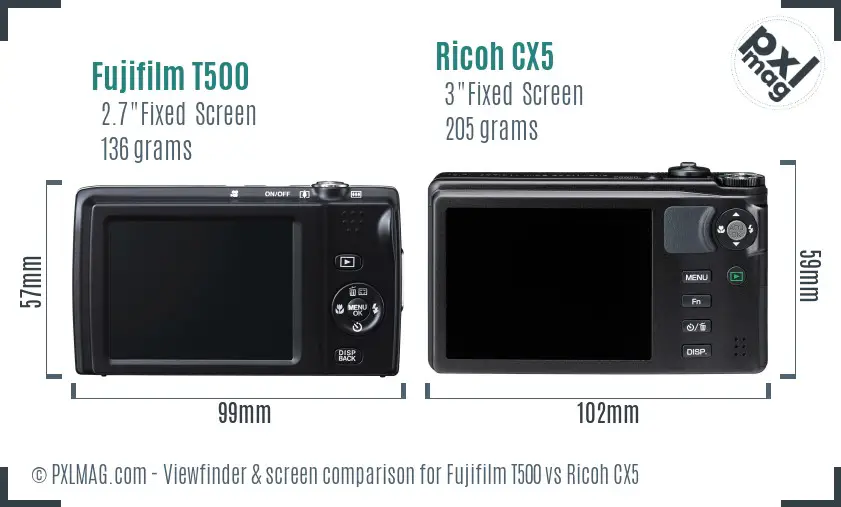 Fujifilm T500 vs Ricoh CX5 Screen and Viewfinder comparison