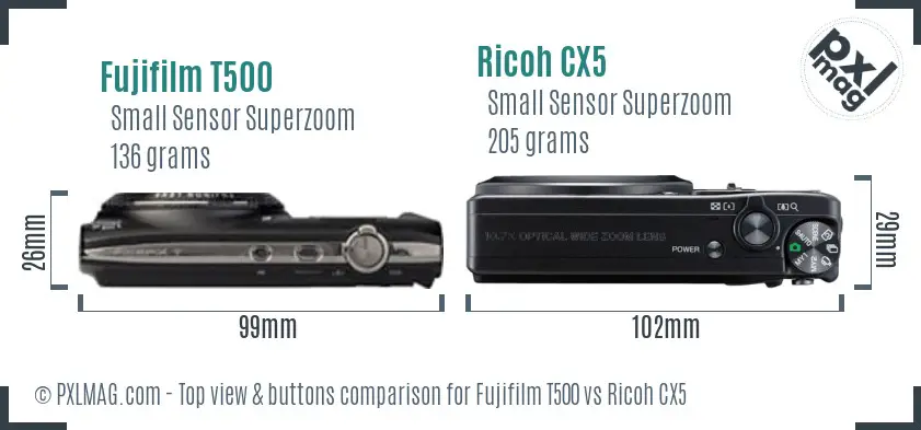 Fujifilm T500 vs Ricoh CX5 top view buttons comparison