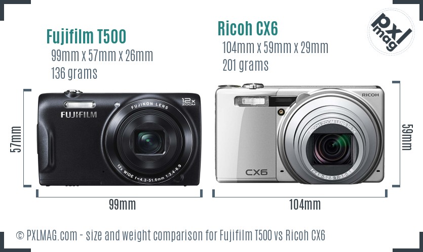 Fujifilm T500 vs Ricoh CX6 size comparison