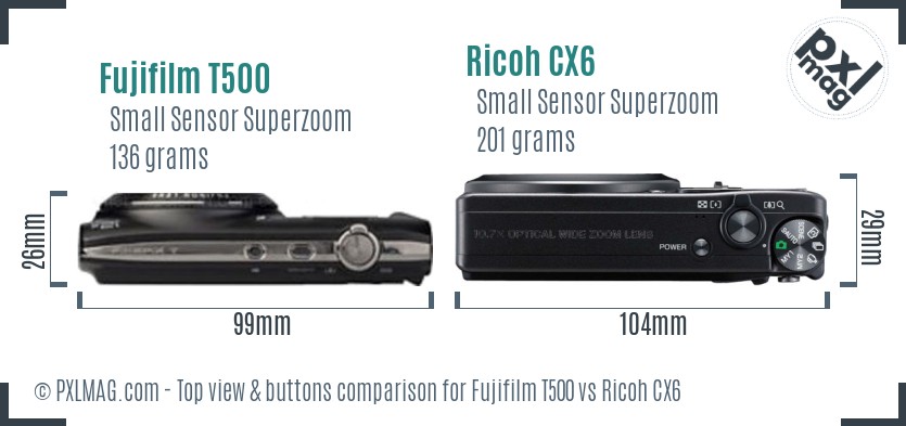Fujifilm T500 vs Ricoh CX6 top view buttons comparison
