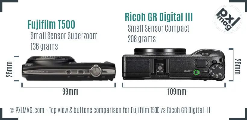 Fujifilm T500 vs Ricoh GR Digital III top view buttons comparison Fujifilm T500 vs Ricoh GR Digital III top view buttons comparison