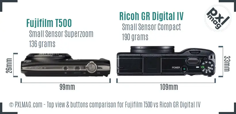 Fujifilm T500 vs Ricoh GR Digital IV top view buttons comparison Fujifilm T500 vs Ricoh GR Digital IV top view buttons comparison