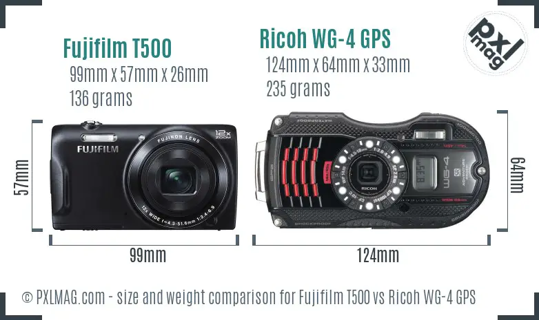 Fujifilm T500 vs Ricoh WG-4 GPS size comparison
