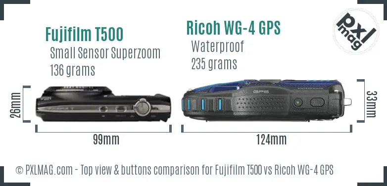 Fujifilm T500 vs Ricoh WG-4 GPS top view buttons comparison